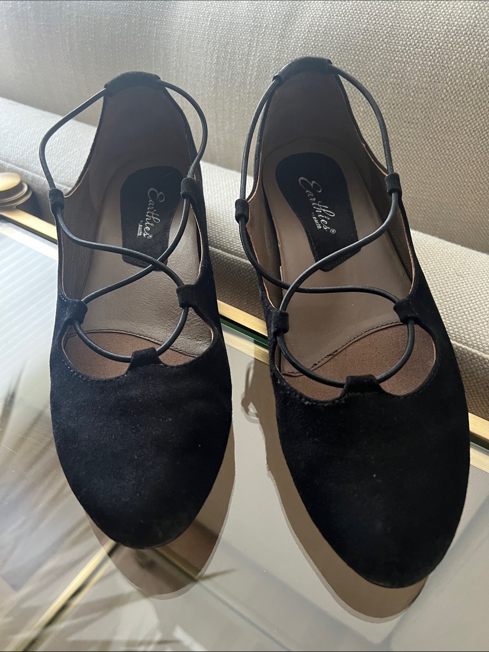 Earthies Black Suede Strappy Ballet Flats